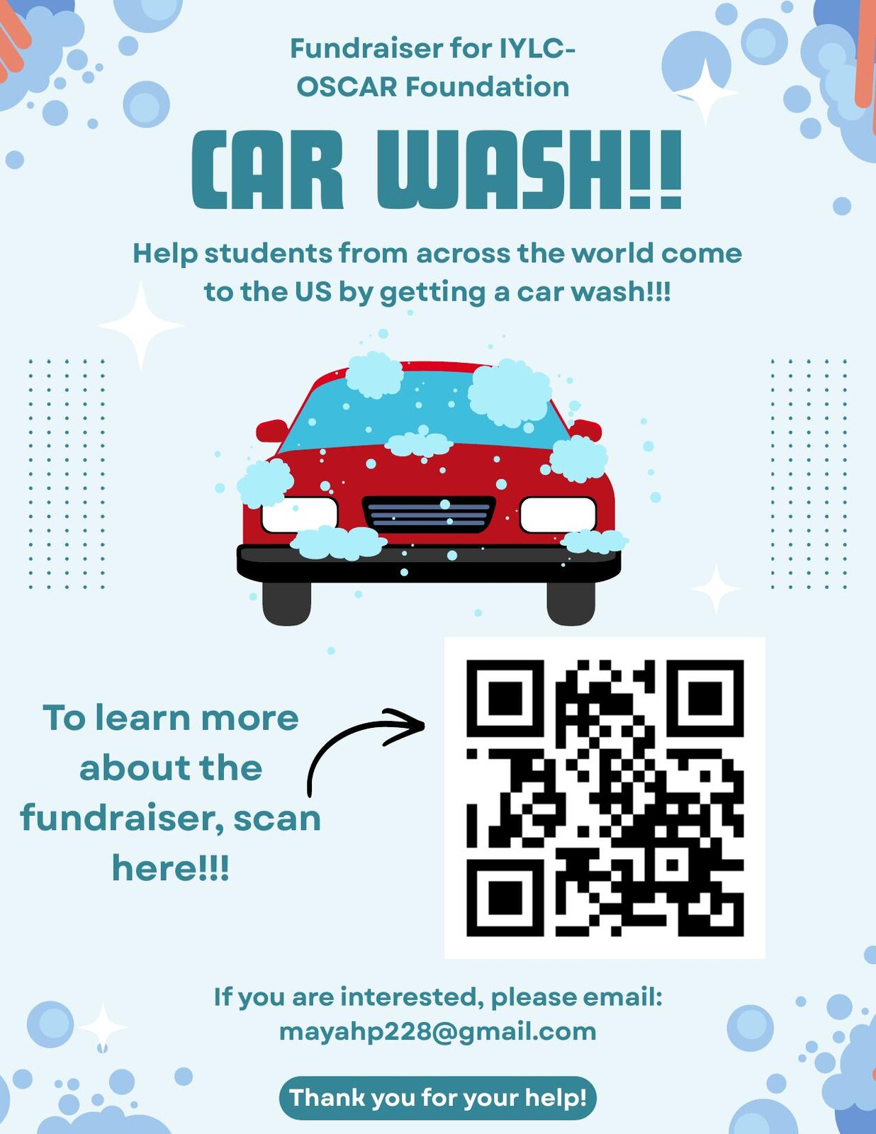 A student-made car wash fundraiser flyer for the IYLC and OSCAR Foundation campaign